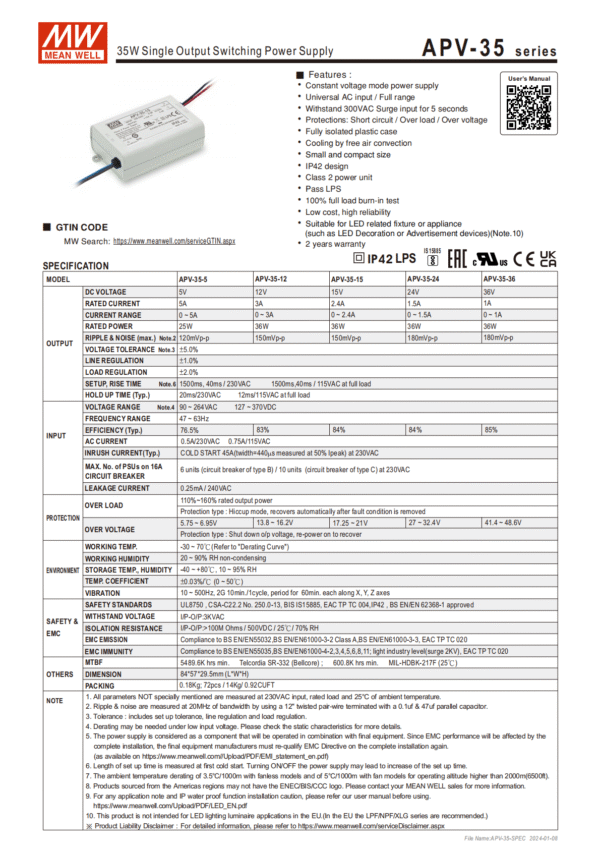 12VDC Power Supply 35W 3A ACDC LED Power Supply Meanwell-APV-35-12(35W-12V) - Image 2
