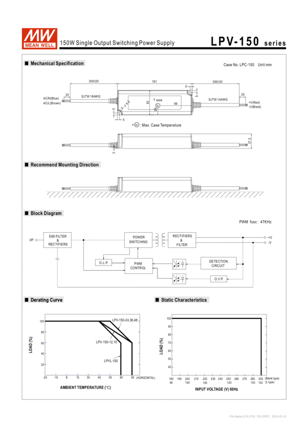12VDC Power suppluy 150W meanwell LPV-150-12 size sheet