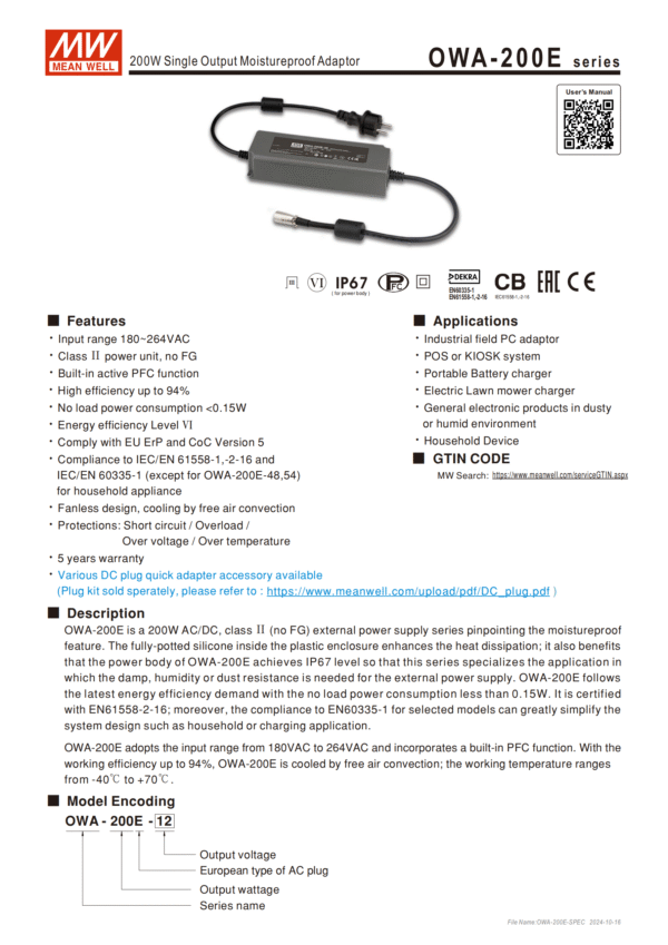 meanwell Power Supply OWA-200E Feature,Description,,model encoding