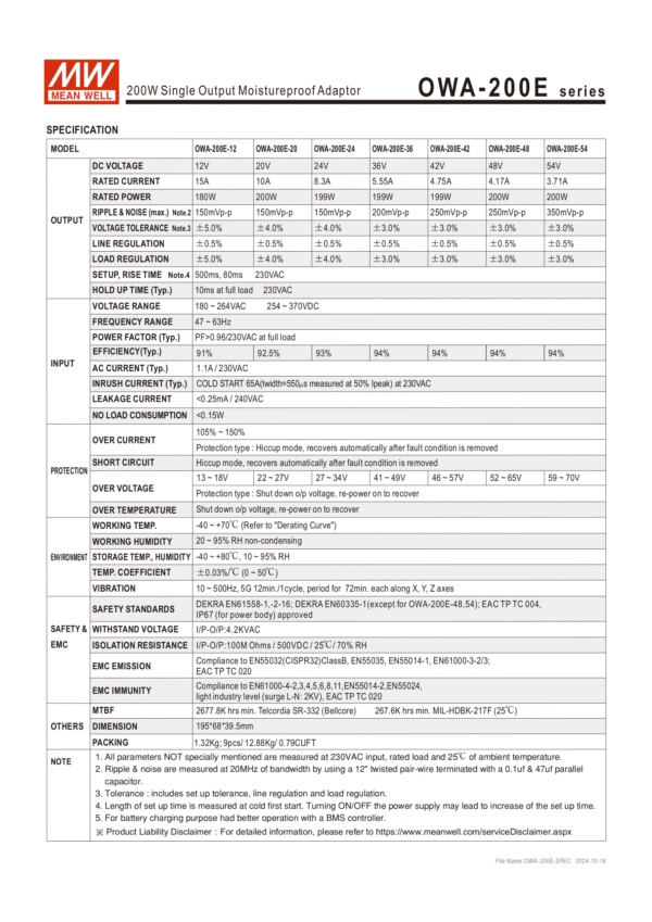 meanwell Power Supply OWA-200E specification