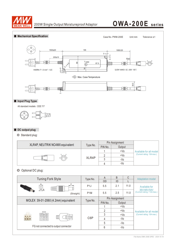 meanwell Power Supply OWA-200E Mechanical Specification, Input Plug Type, DC Output plug
