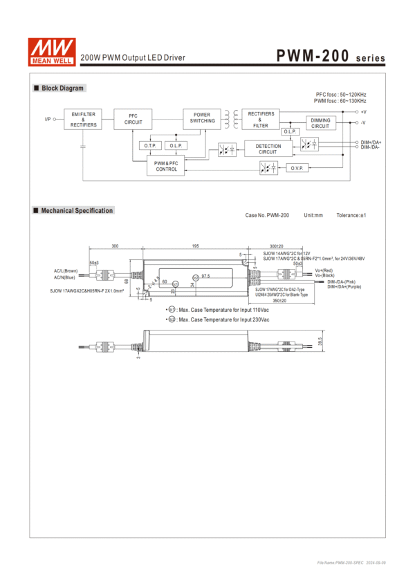 meanwell Power supply 200W PWM-200 Block Diagram,Mechanical specification