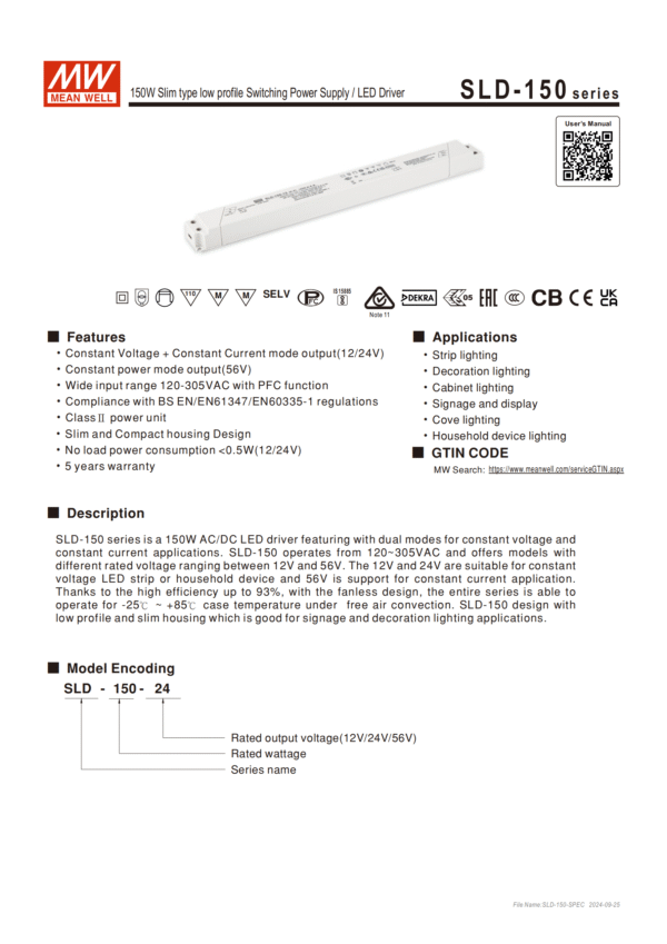 Meanwell Power Supply SLD-150 Feature, Description, Model Encoding,Application,GTIN Code