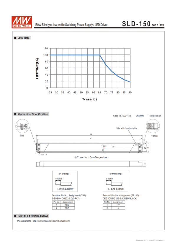 Meanwell Power Supply SLD-150 Life Time,Mechanical Specification, Installation Manual
