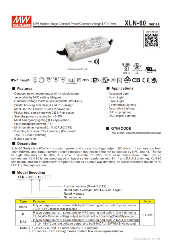 Meanwell Power Supply XLN-60 Feature, Description, Model Encoding,Application,GTIN Code
