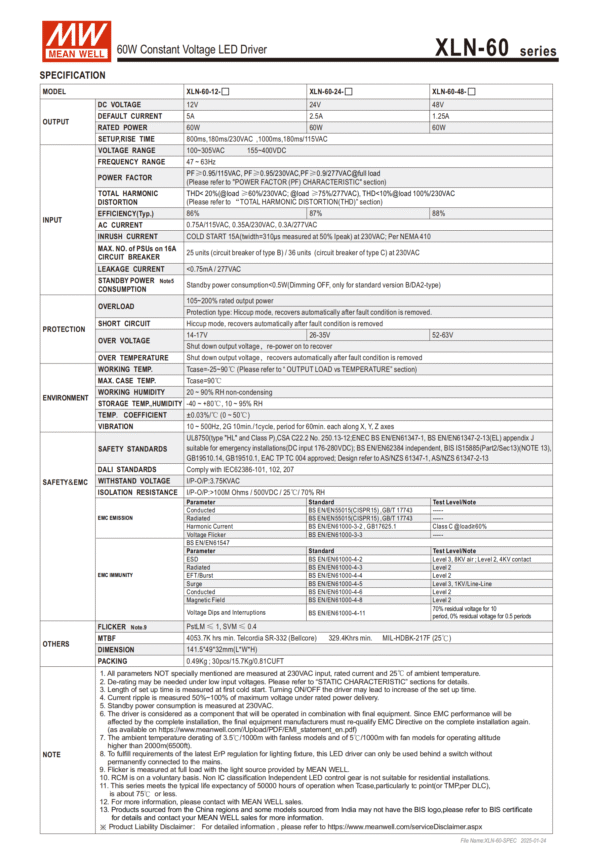 Meanwell Power Supply XLN-60 Specification