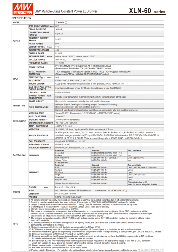 Meanwell Power Supply XLN-60H Specification