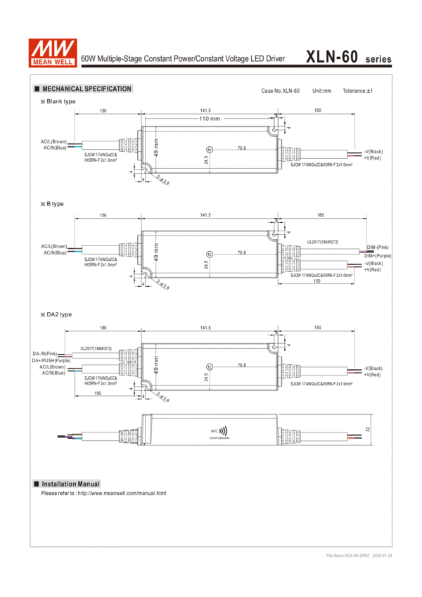 Meanwell Power Supply XLN-60 Mechanical Specification,, Installation Manual