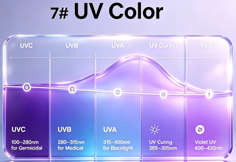 UV Color UVC 100-280nm  for Germicidal UVB 280-315nm for Medical UVA 315-400nm for Blacklight UV Curing 365-395nm Violet UV400-430nm